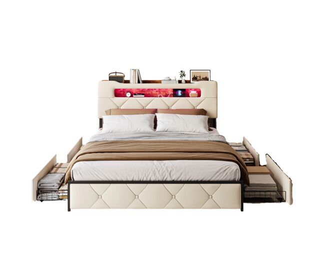 Cama 160x200 cm com 4 gavetas de armazenamento, cabeceira com iluminação led, estofada em tecido bege, estrutura metálica e painéis