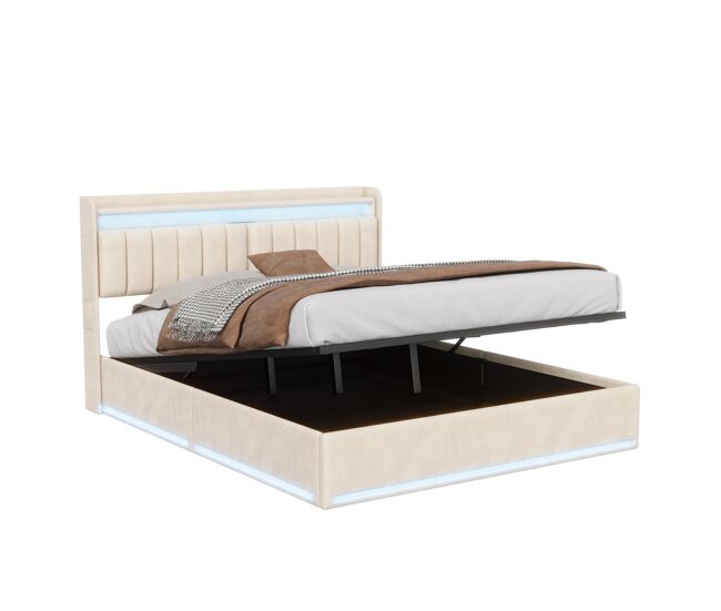 Cama estofada de 160 x 200 cm com carregamento usb, cama de casal para jovens, cama com arrumação, iluminação led e cabeceira com arrumação, estrado