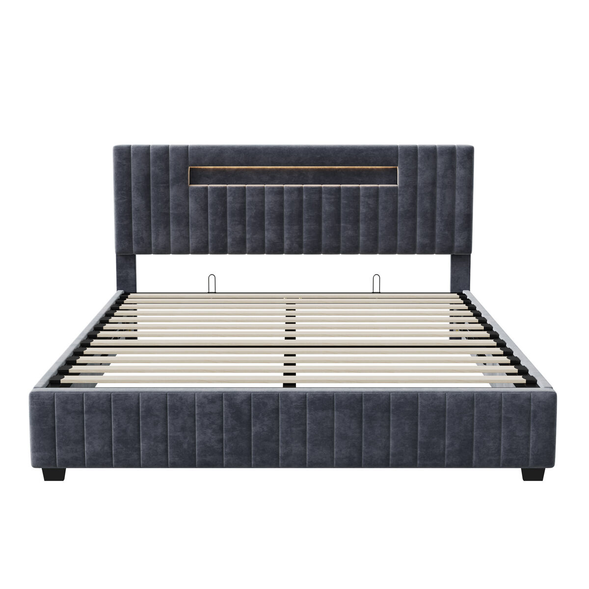 Cama com arrumação 140x200cm - cama de casal com estrado de ripas e cabeceira led com arrumação, em tecido veludo cinzento