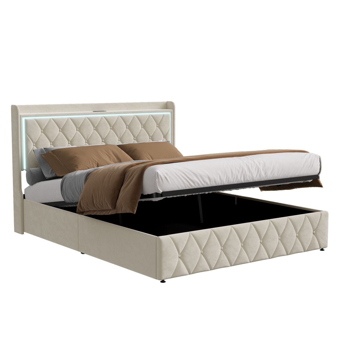 Cama de ar + abajur de cabeceira + função de carregamento veludo bege 140*190cm