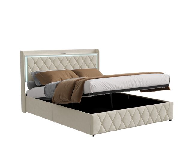 Cama de ar + abajur de cabeceira + função de carregamento veludo bege 140*190cm