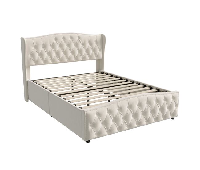 Cama estofada 160x200cm com estrado de ripas, cama box hidráulica com box e espaço de arrumação, cama de casal em veludo, cama com arrumação, cama