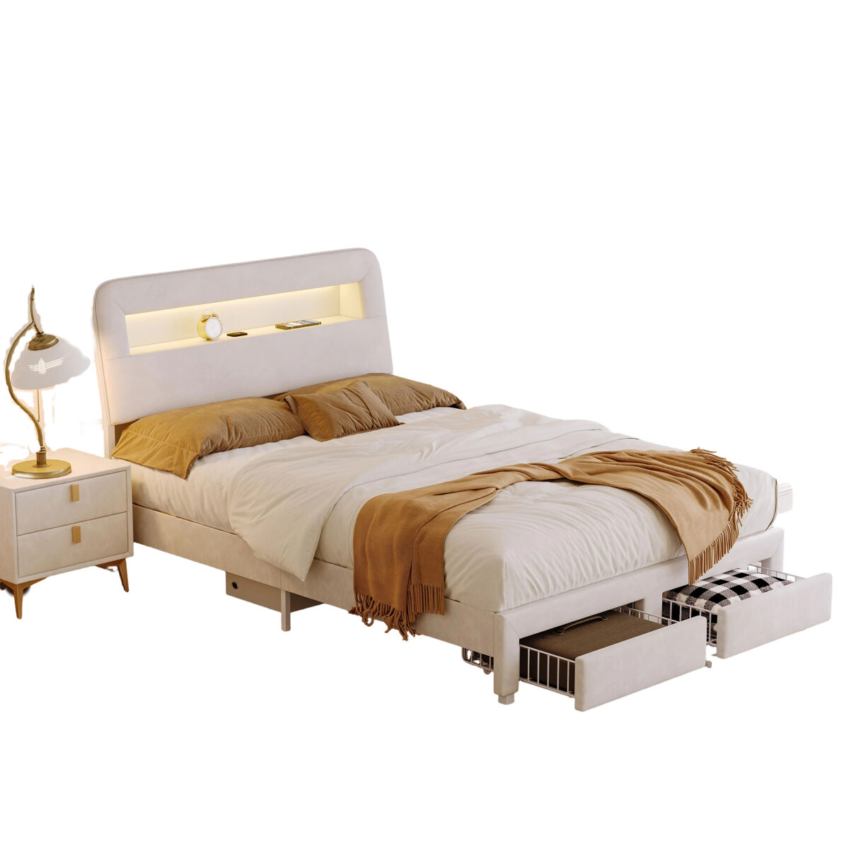 Cama multifuncional de veludo com arrumação, iluminação led, portas usb/tipo-c, cabeceira com arrumação e 2 gavetas, 140x200cm, bege.