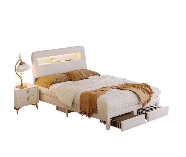 Cama multifuncional de veludo com arrumação, iluminação led, portas usb/tipo-c, cabeceira com arrumação e 2 gavetas, 140x200cm, bege.