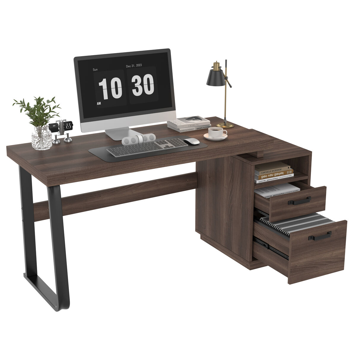 Meubles cosy secretária de escritório mesa de computador estilo minimalista com compartimento aberto 2 gavetas e pernas de metal 135x54cm cor castanho e noir