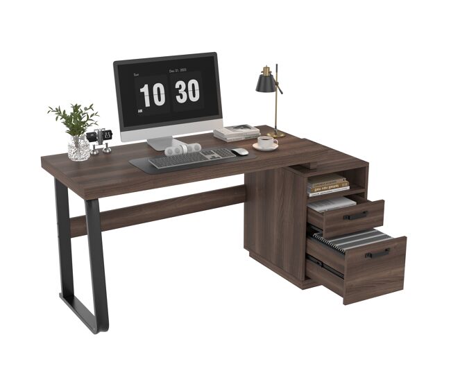 Meubles cosy secretária de escritório mesa de computador estilo minimalista com compartimento aberto 2 gavetas e pernas de metal 135x54cm cor castanho e noir