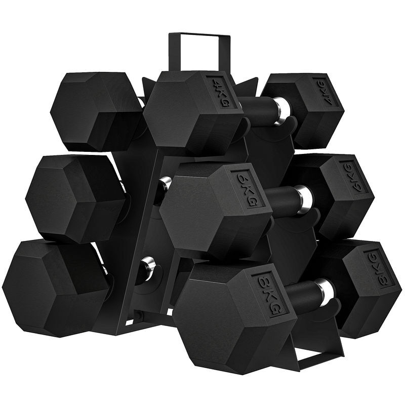 Sportnow conjunto de 6 halteres 36 kg, 2x4 kg, 2x6 kg e 2x8 kg, hexagonais com suporte, revestimento em borracha e pegas antiderrapantes para casa e