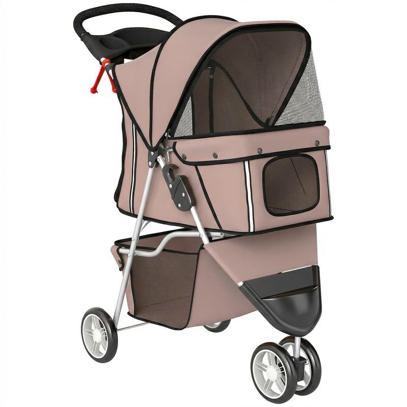 Pawhut carrinho para cães pequenos dobrável com cesto de armazenamento, janelas de malha e porta-copos, carga máxima 10 kg, 77x44x102 cm, castanho