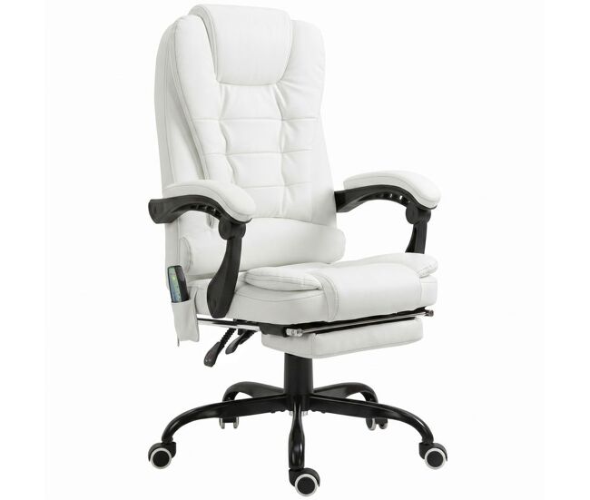 Vinsetto cadeira de escritório com massagem vibratória em 7 pontos, giratória reclinável com apoio para os pés retrátil, altura ajustável, encosto alto, comando remoto e tecido pu, blanc