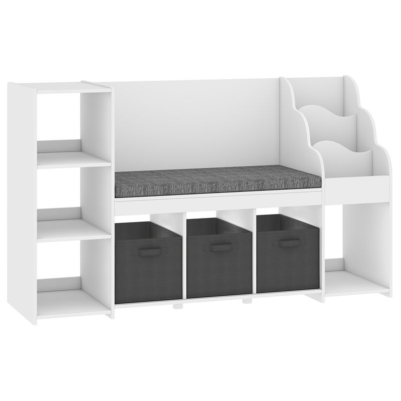 Aiyaplay étagère infantil para brinquedos com canto de leitura, organizador de brinquedos com almofada, 3 gavetas de tecido, 3 étagères, 4 compartimentos, 3-8 anos, quarto, creche, 137x40x80 cm, blanc e gris