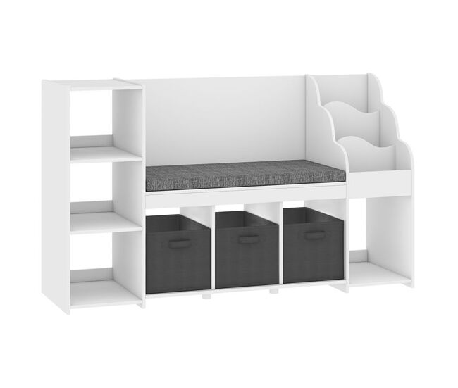 Aiyaplay étagère infantil para brinquedos com canto de leitura, organizador de brinquedos com almofada, 3 gavetas de tecido, 3 étagères, 4 compartimentos, 3-8 anos, quarto, creche, 137x40x80 cm, blanc e gris