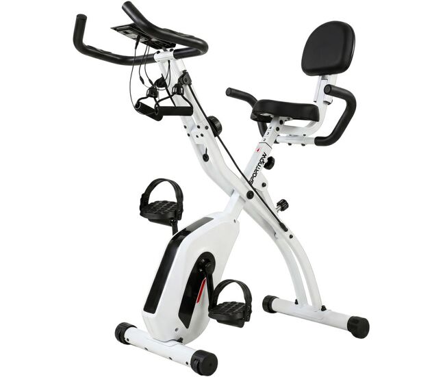 Sportnow bicicleta estática dobrável 3 em 1 com encosto e 8 níveis de resistência magnética ajustável bluetooth ecrã lcd volante bandas sensor de pulso suporte para téléphone blanc