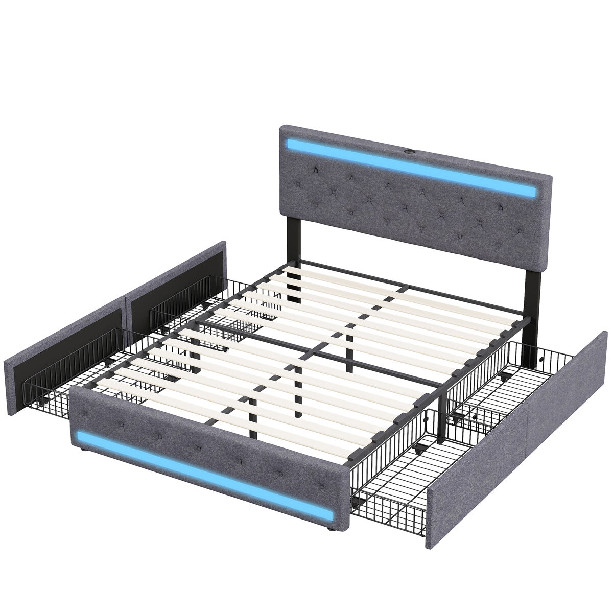 Shopentra cama estofada 160x200 cm com led rgb, usb, cabeceira acolchoada e 4 gavetas metálicas, tecido cinza