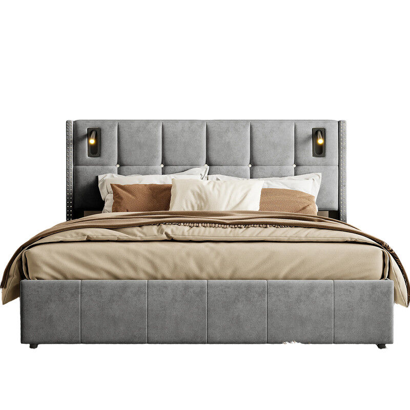 Cama hidráulica 140x200 cm com usb, tipo c, led, luz de leitura e arrumação, cinzento