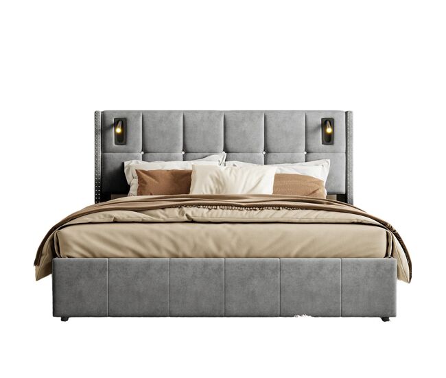 Cama hidráulica 140x200 cm com usb, tipo c, led, luz de leitura e arrumação, cinzento