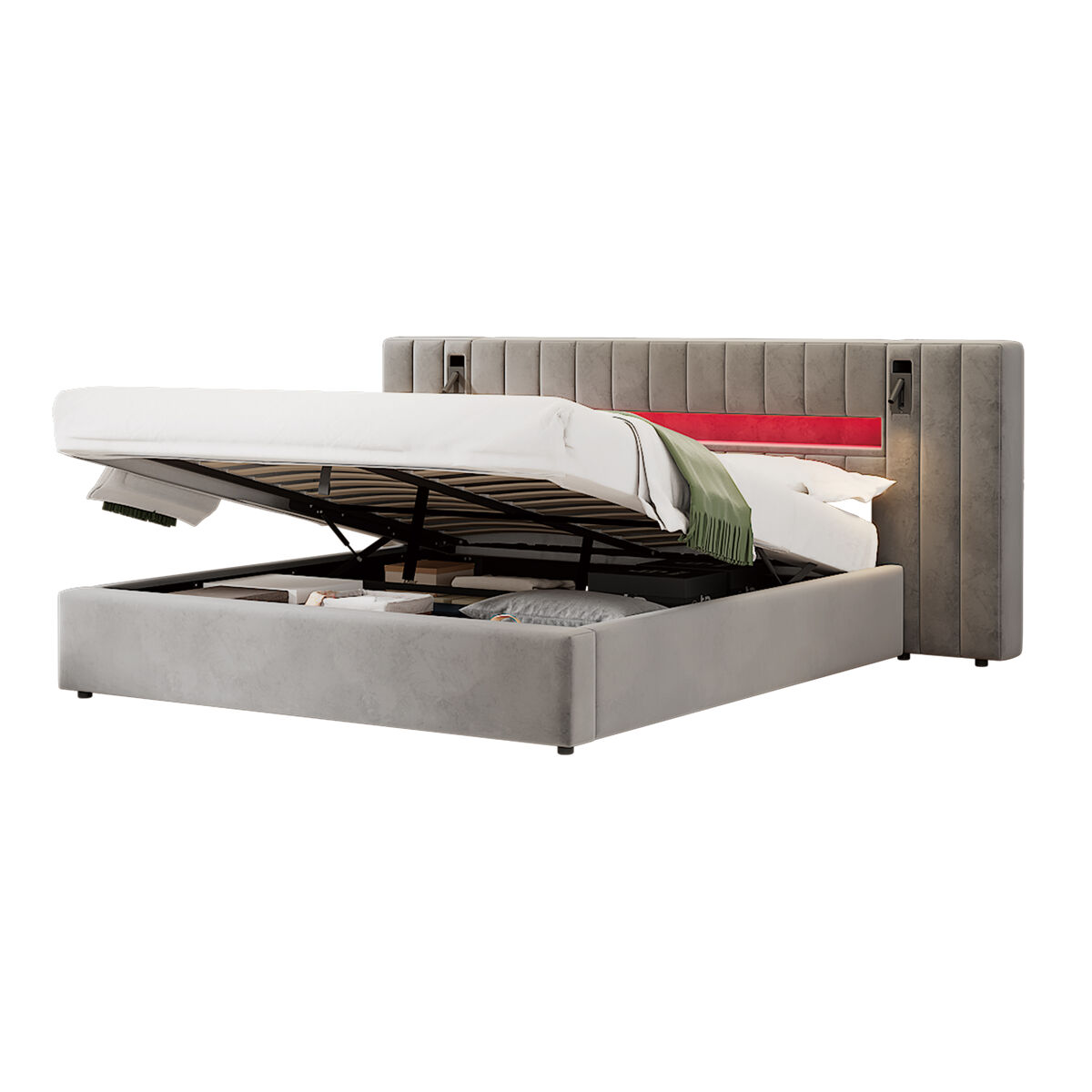 Cama de casal de veludo 180x200 cm com armazenamento e luz led,cinza