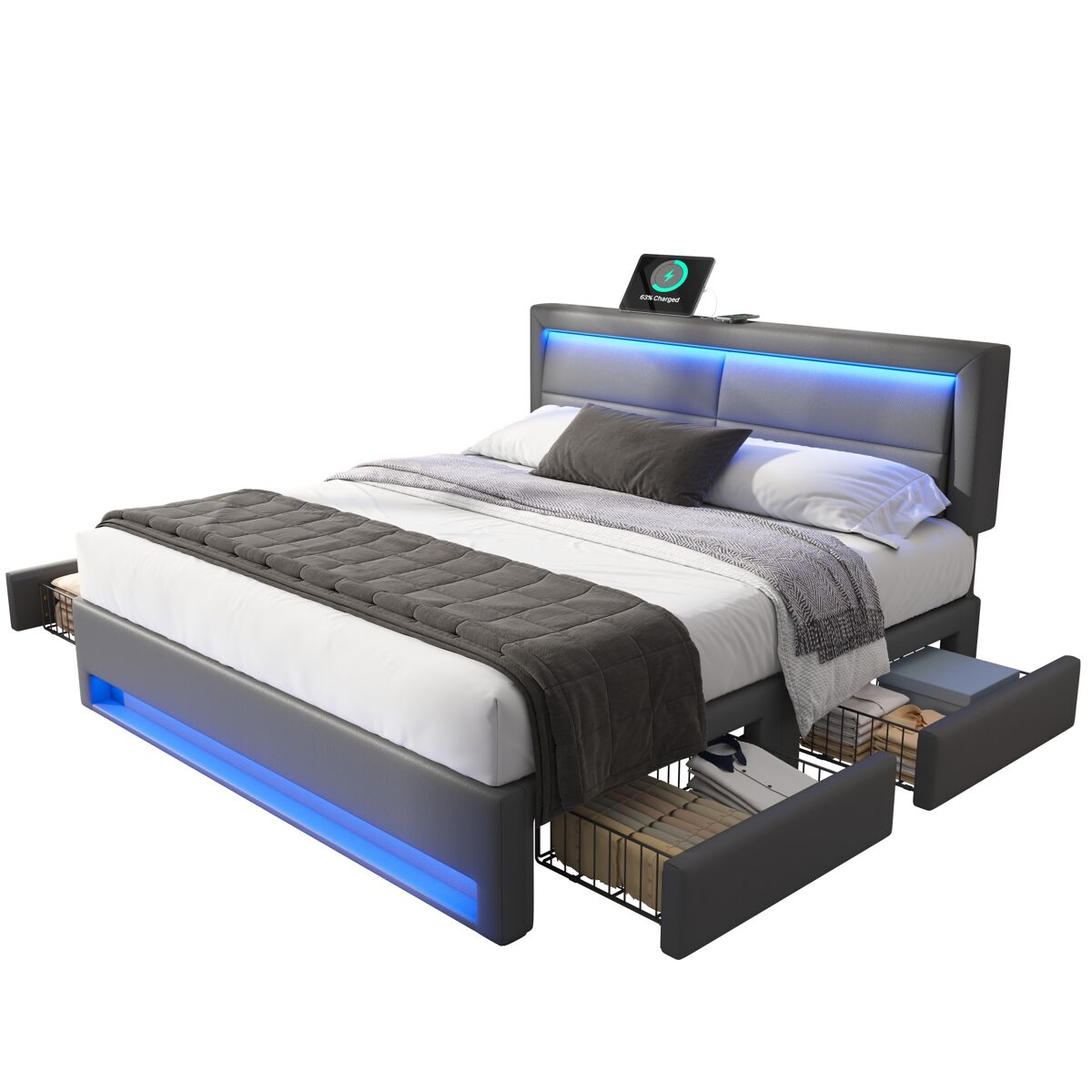 Cama de casal de pu 140x200 cm com luz led,cinza