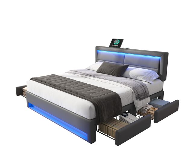 Cama de casal de pu 140x200 cm com luz led,cinza