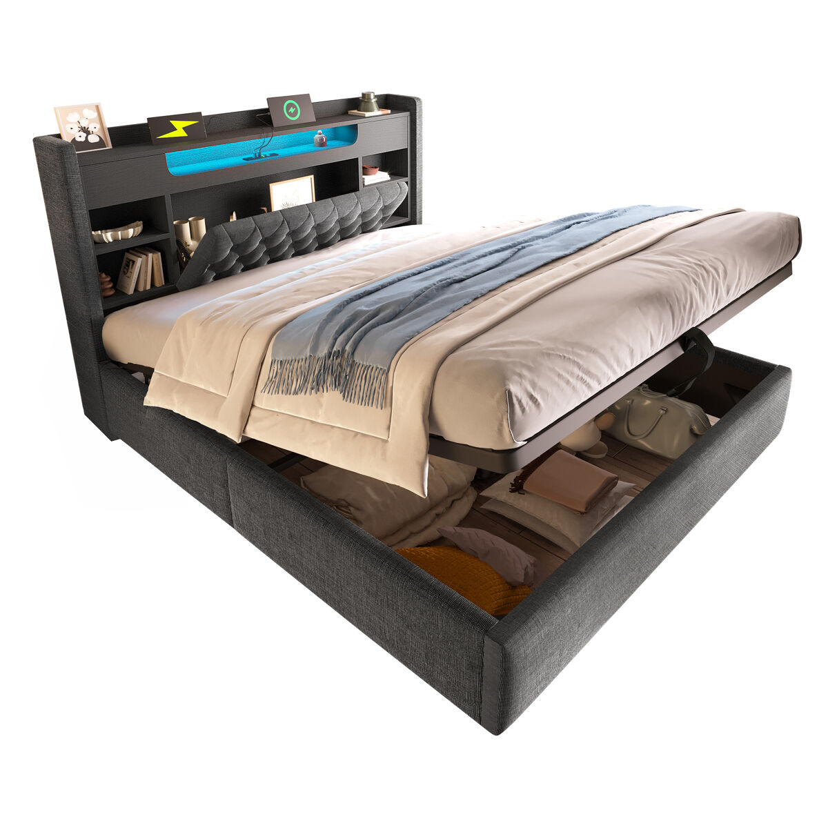 Cama de casal de linho 140x200 cm com armazenamento e luz led,cinza