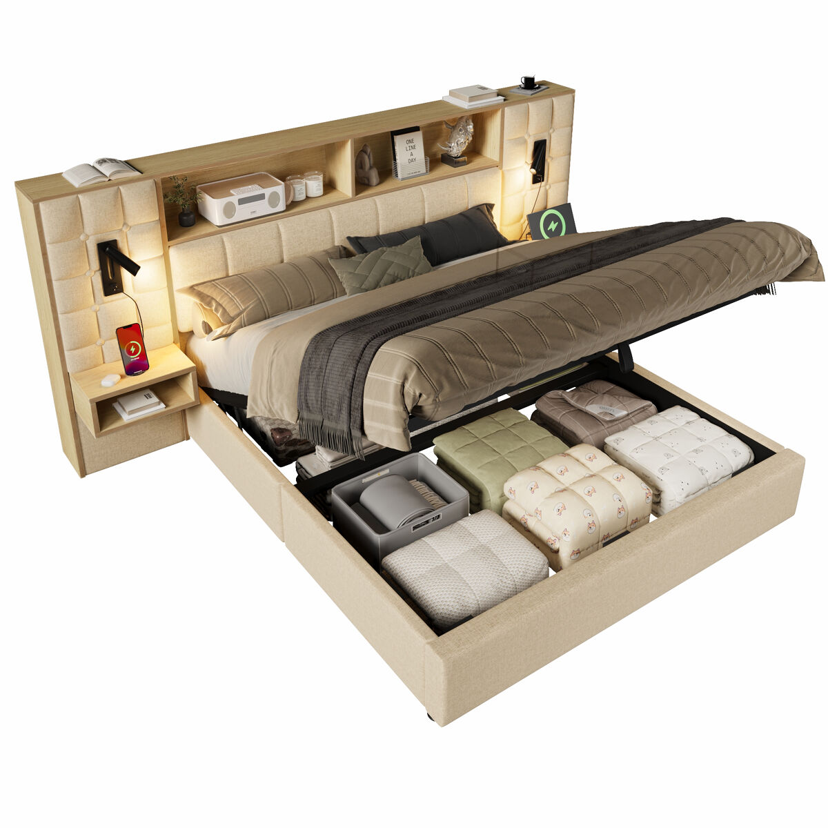 Cama de casal de linho 180x200 cm com armazenamento e luz led,bege
