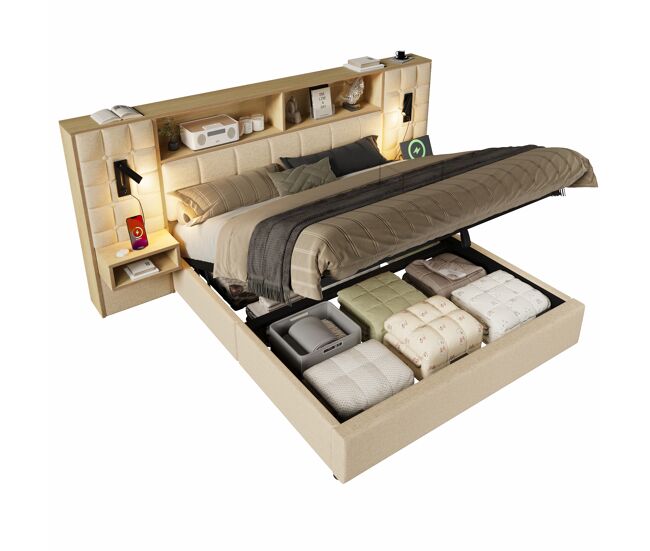 Cama de casal de linho 180x200 cm com armazenamento e luz led,bege