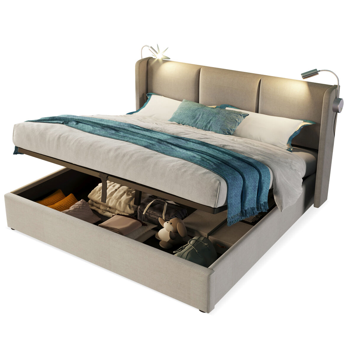 Cama de casal de linho 180x200 cm com armazenamento e luz led,bege