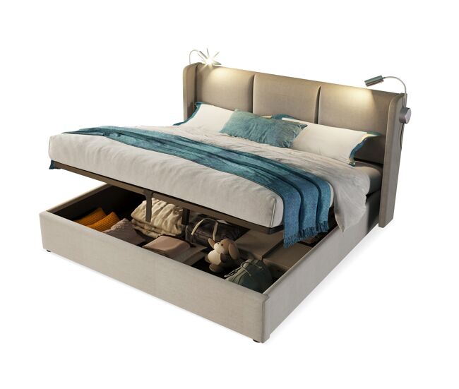 Cama de casal de linho 180x200 cm com armazenamento e luz led,bege