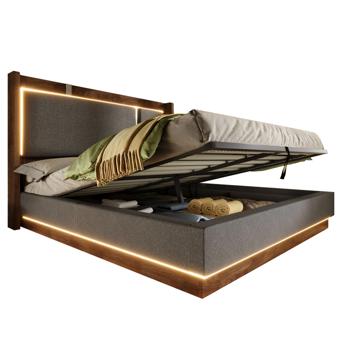 Cama de casal de linho 160x200 cm com armazenamento e luz led,cinza