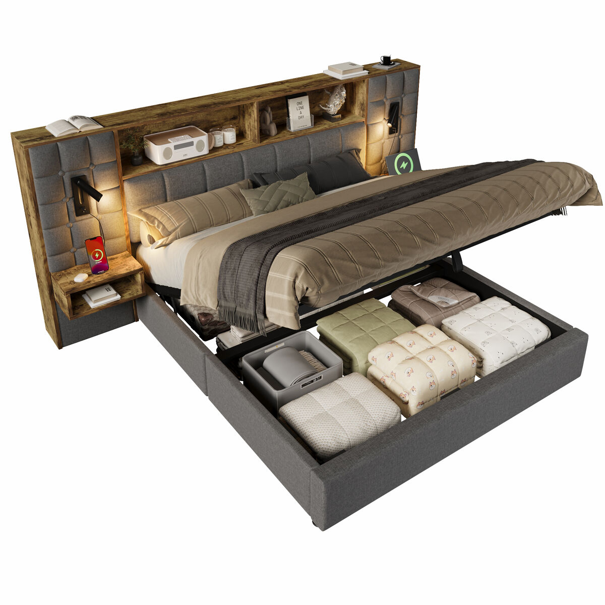 Cama de casal de linho 180x200 cm com armazenamento e luz led,cinza