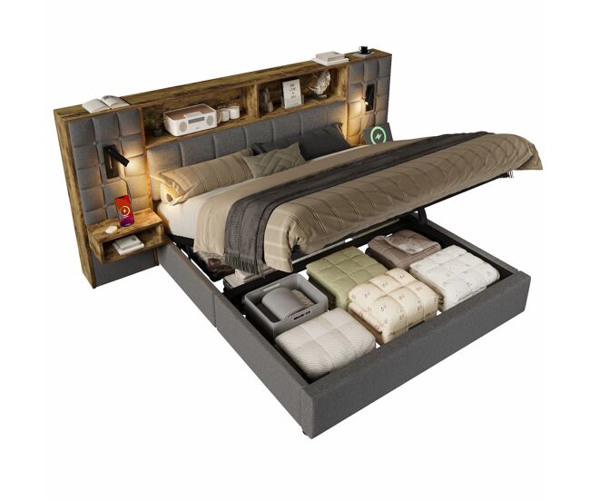 Cama de casal de linho 180x200 cm com armazenamento e luz led,cinza