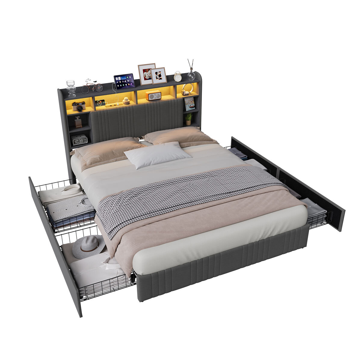 Cama 140x200 cm - 4 gavetas - carregamento usb e type-c - led - mesas de cabeceira com arrumação - divisórias abertas - estrado de ripas - cinza