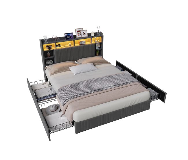 Cama 140x200 cm - 4 gavetas - carregamento usb e type-c - led - mesas de cabeceira com arrumação - divisórias abertas - estrado de ripas - cinza