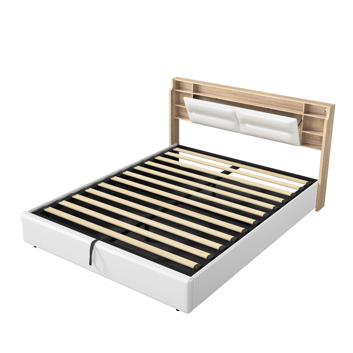 Cama estofada 140x200 cm - led - baú - couro sintético - funcional - branco