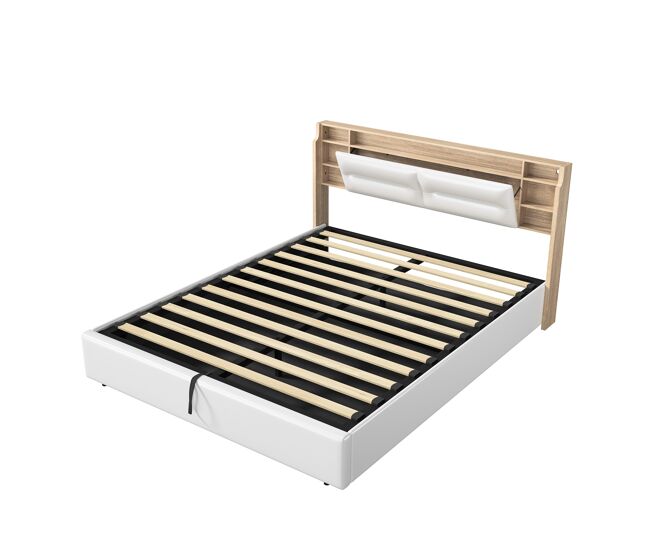 Cama estofada 140x200 cm - led - baú - couro sintético - funcional - branco