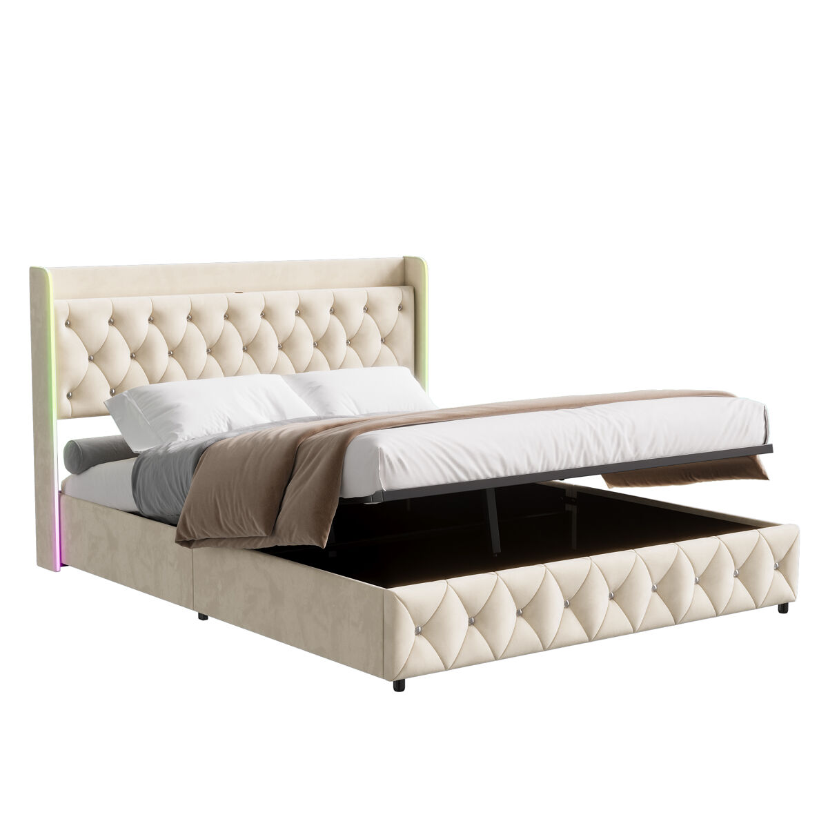 Cama estofada 160x200cm com led e usb, estrado de ripas hidráulico, espaço de arrumação e estrutura metálica, roupa de cama para cama de casal juvenil