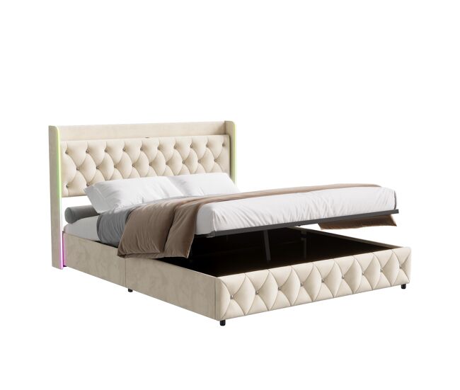 Cama estofada 160x200cm com led e usb, estrado de ripas hidráulico, espaço de arrumação e estrutura metálica, roupa de cama para cama de casal juvenil
