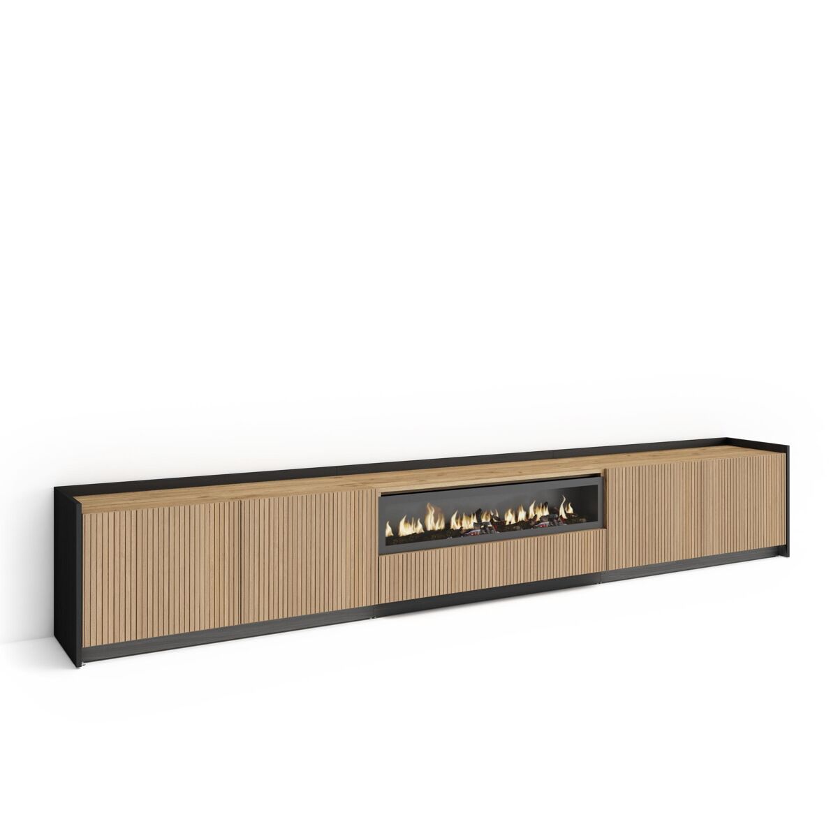 Móvel de tv, muito espaço de arrumação, 310x37x50cm, para televisores até 80", lareira eléctrica, led, estilo moderno, carvalho e preto
