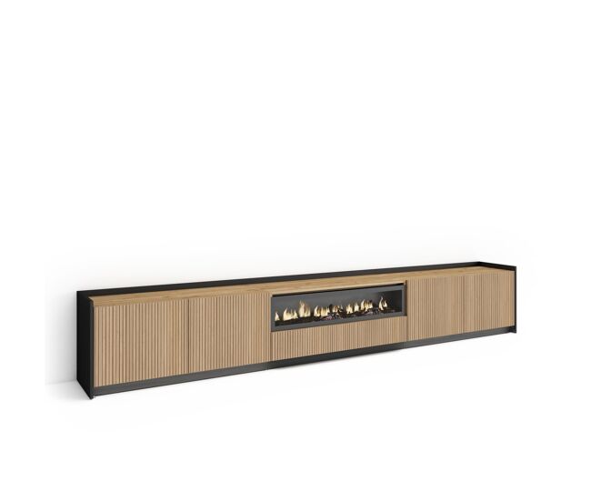 Móvel de tv, muito espaço de arrumação, 310x37x50cm, para televisores até 80", lareira eléctrica, led, estilo moderno, carvalho e preto