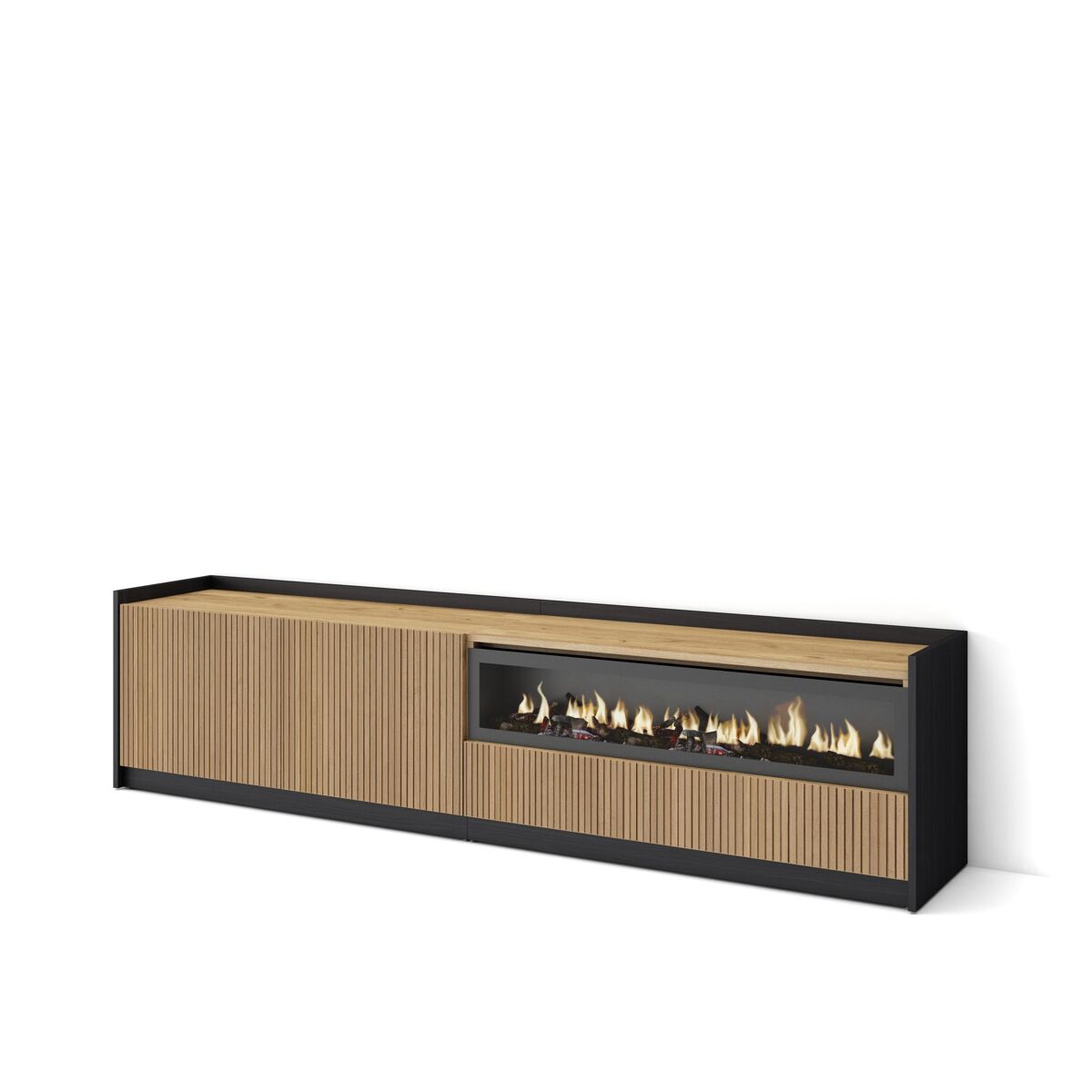 Móvel de tv, muito espaço de arrumação, 207x37x50cm, para televisores até 80", lareira électrique, estilo moderno, carvalho e noir