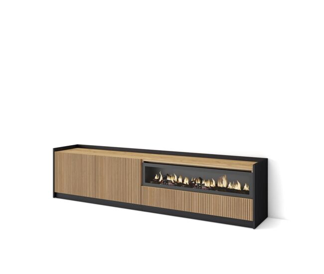 Móvel de tv, muito espaço de arrumação, 207x37x50cm, para televisores até 80", lareira électrique, estilo moderno, carvalho e noir