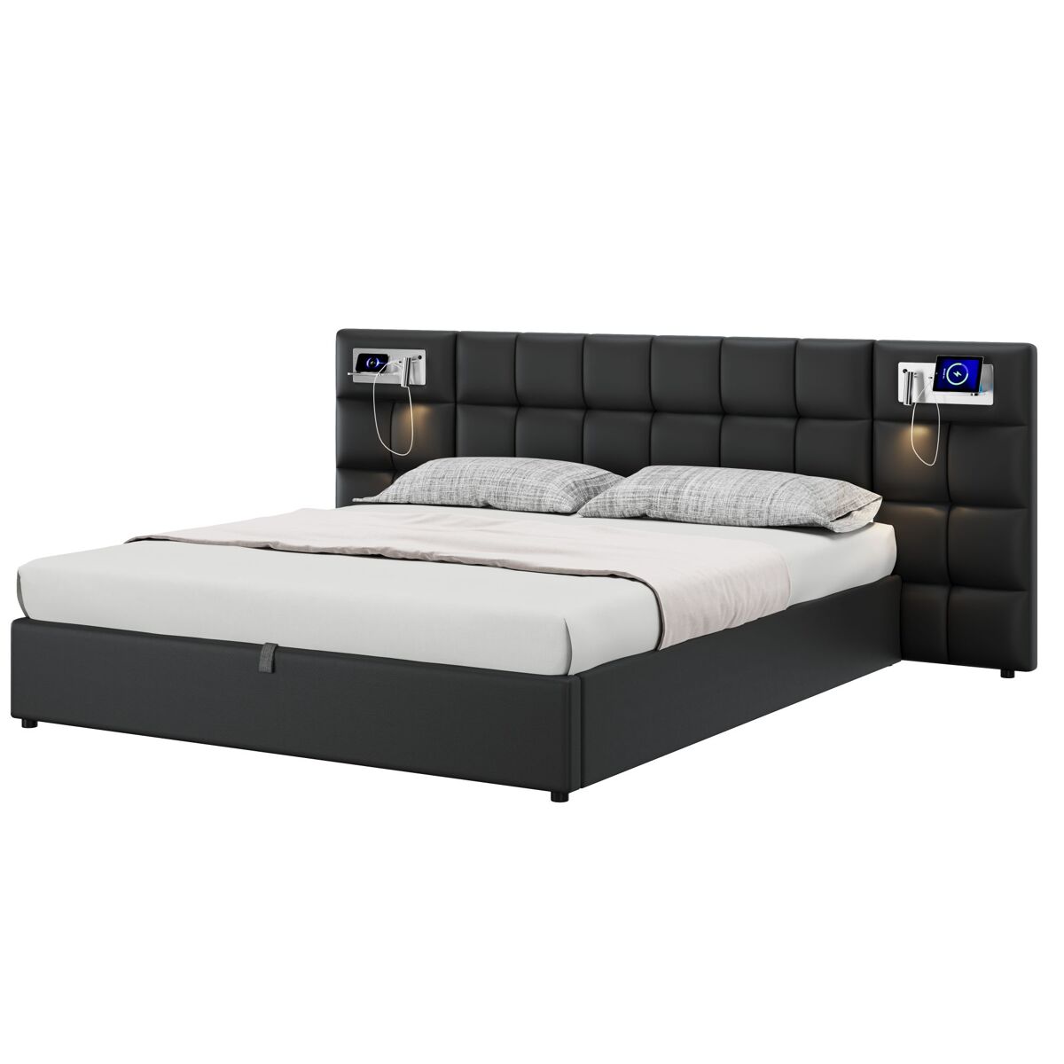 Cama de casal de linho 180x200 cm com armazenamento,preto