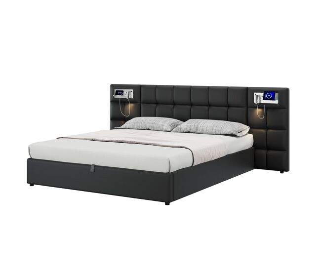 Cama de casal de linho 180x200 cm com armazenamento,preto