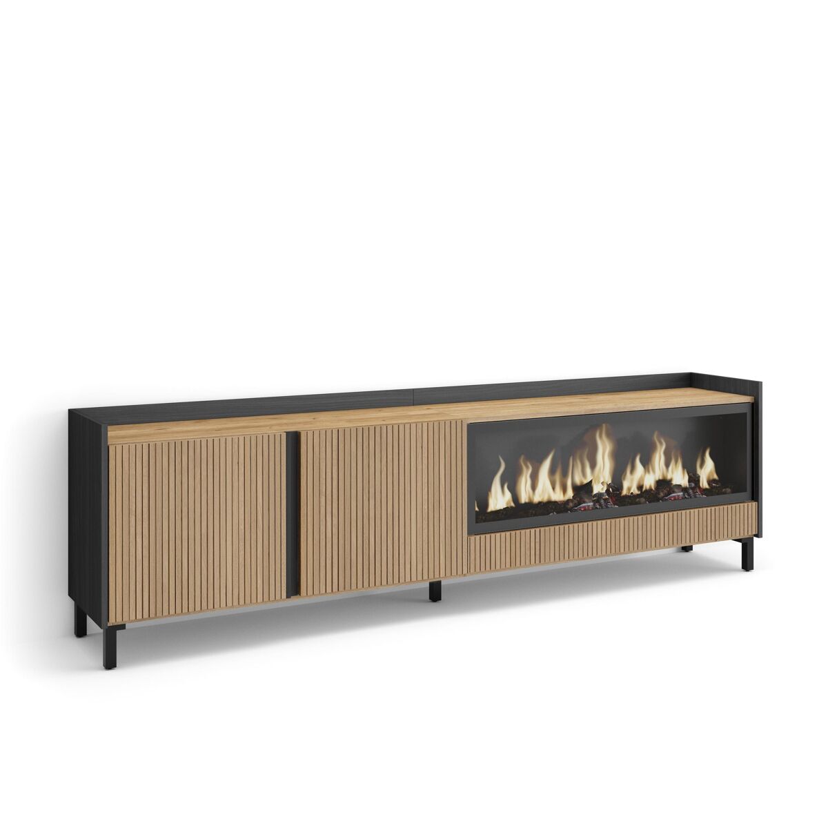 Móvel de tv, muito espaço de arrumação, 212x35x61cm, para televisores até 80", lareira eléctrica xxl, design industrial, estilo moderno, carvalho e