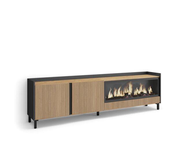 Móvel de tv, muito espaço de arrumação, 212x35x61cm, para televisores até 80", lareira eléctrica xxl, design industrial, estilo moderno, carvalho e
