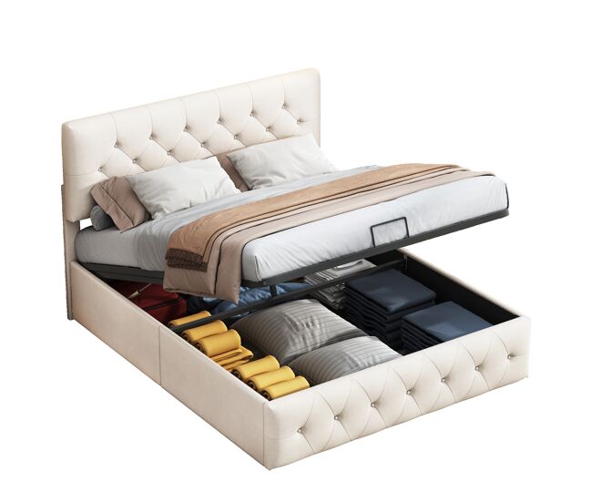 Cama 140x200cm, cama de casal hidráulica, cama funcional com cabeceira ajustável, veludo, adequada para adultos e adolescentes