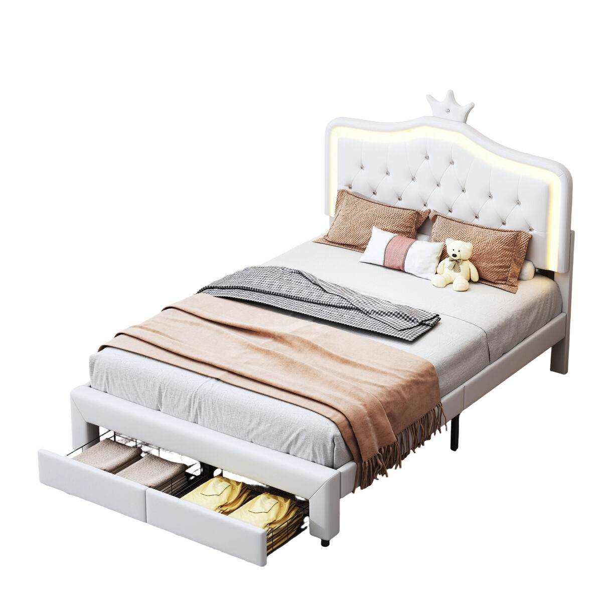 Cama estofada 140 x 200 cm com 2 gavetas e luzes led - padrão guirlanda - estrado de ripas - branca