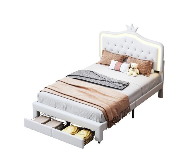 Cama estofada 140 x 200 cm com 2 gavetas e luzes led - padrão guirlanda - estrado de ripas - branca