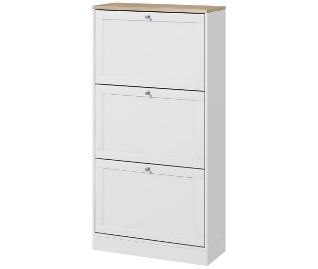 Sapateira moderna com 3 gavetas basculantes e étagères ajustáveis para 18 pares de sapatos, 60x23,5x115 cm, blanche
