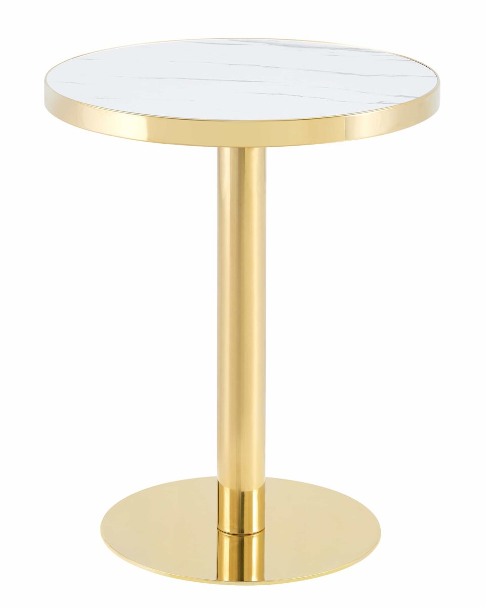 Mesa auxiliar redonda de 60 cm - design moderno com estrutura em aço inoxidável dourado e tampo com efeito mármore uv - branco e dourado