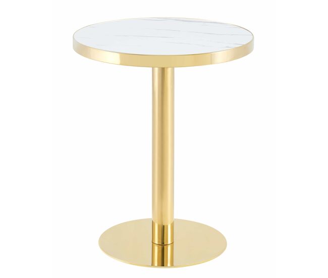 Mesa auxiliar redonda de 60 cm - design moderno com estrutura em aço inoxidável dourado e tampo com efeito mármore uv - branco e dourado